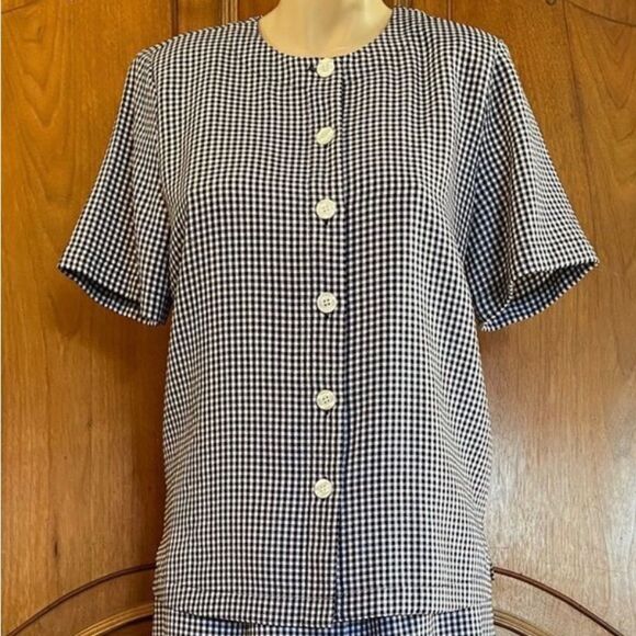 80s Gingham Shirt & Skirt Set Vintage 2 Piece Black & White Top & Skirt Size M - Picture 4 of 11